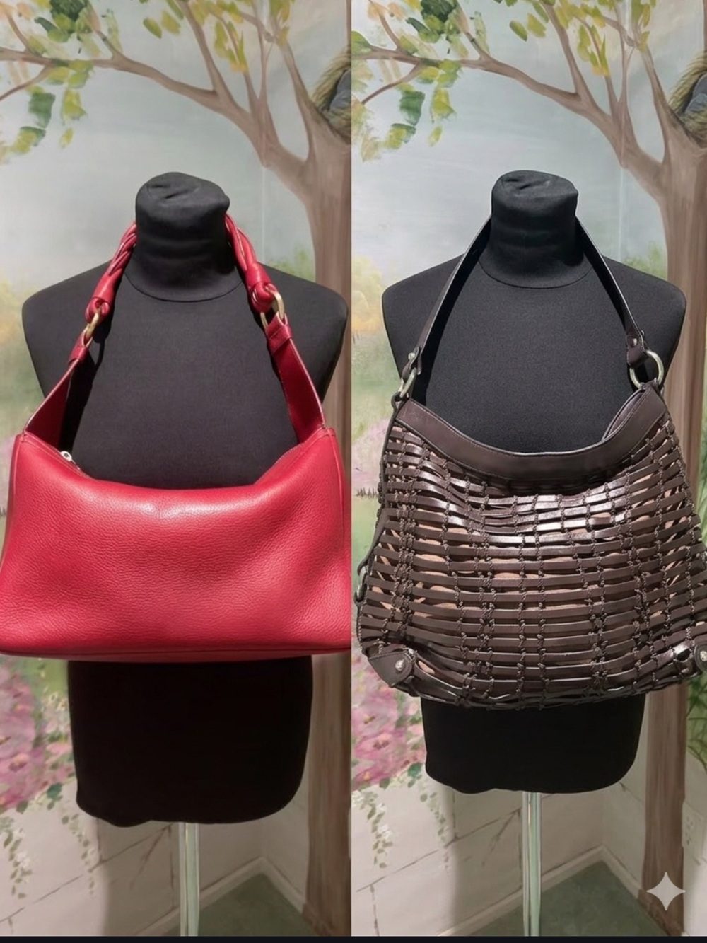 Vintage Talbots Berry Pebbled Leather & Dark Brown Woven Leather Shoulder Bags